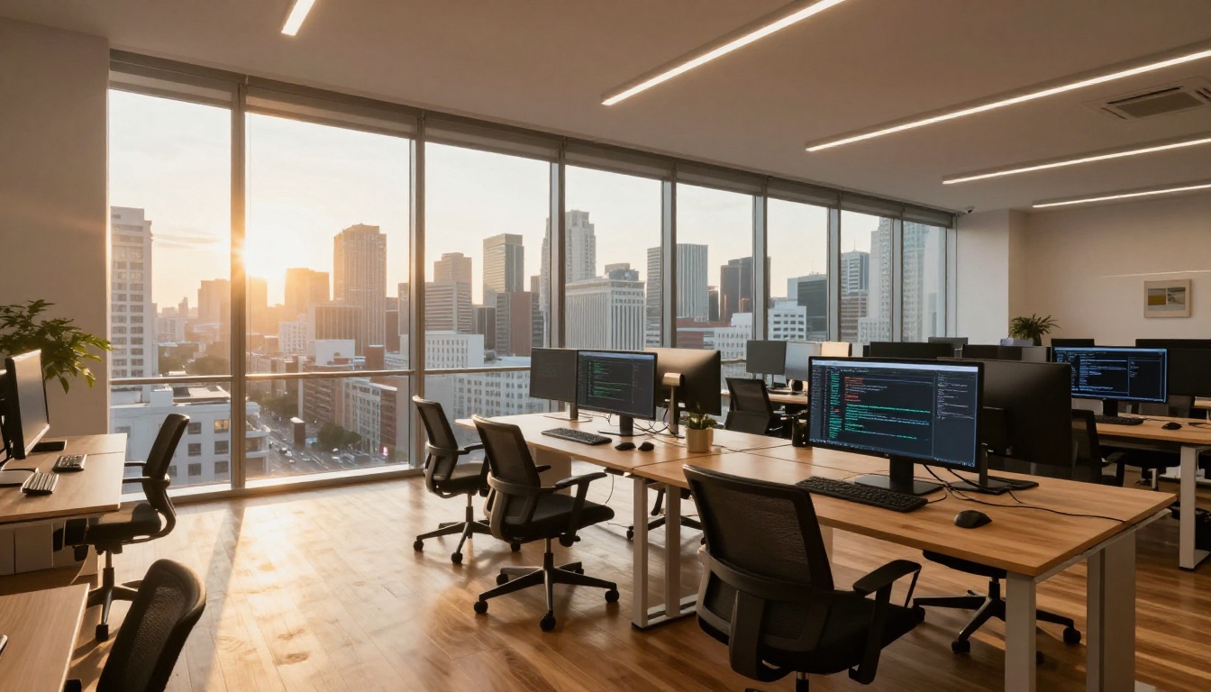Open-plan tech office with developers at standing desks during golden hour