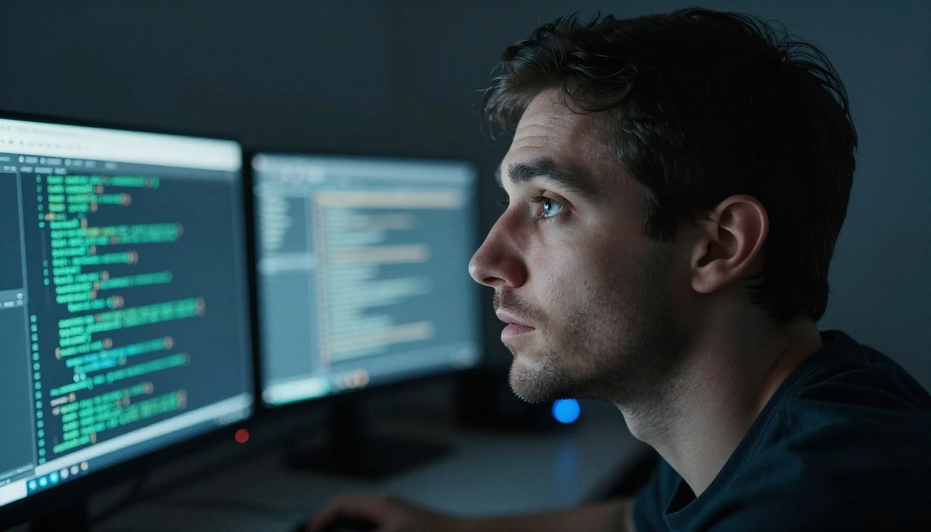 Developer's face illuminated by monitor screen glow in dark room