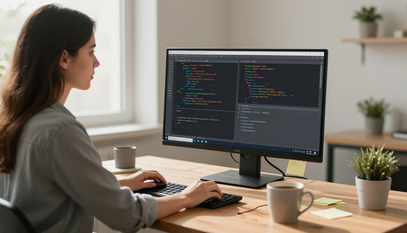 Female software engineer reviewing split-screen code at standing desk