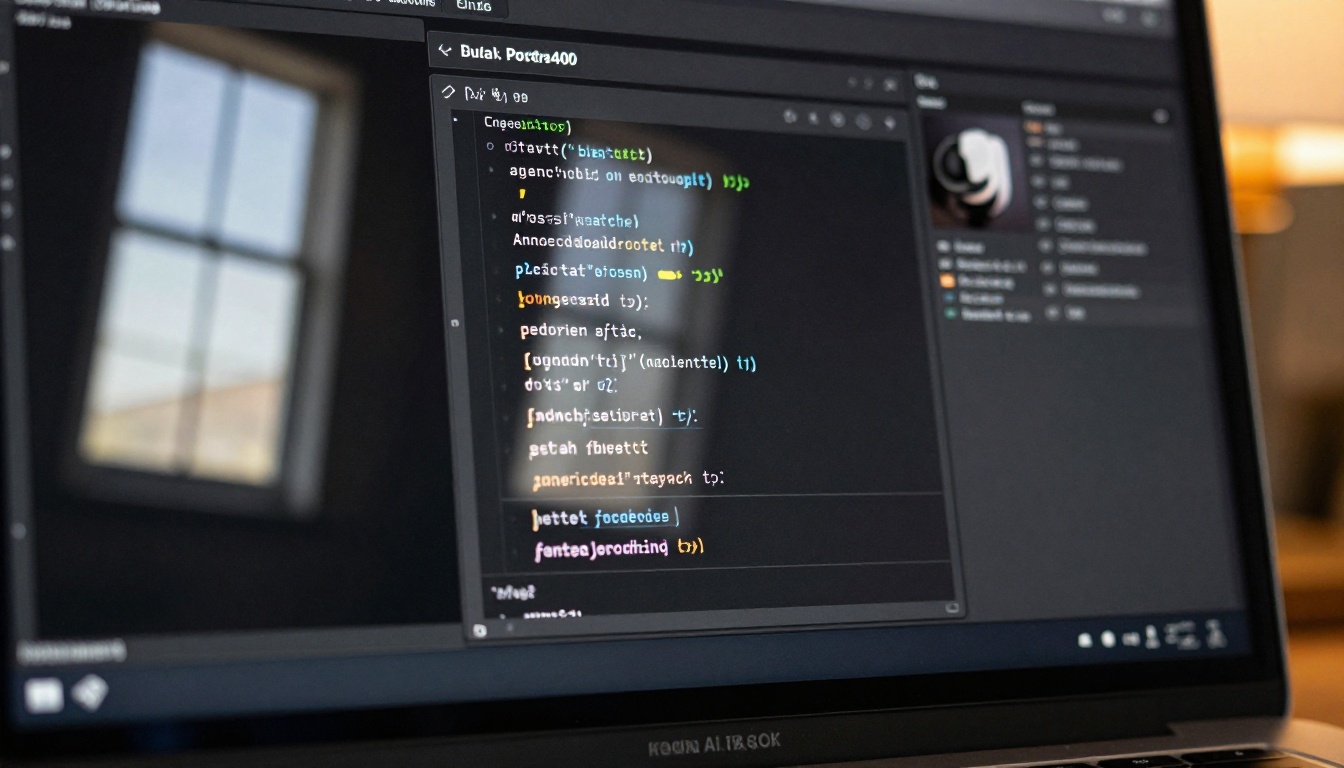 Laptop screen showing code editor with AI autocomplete dropdown suggestion panel