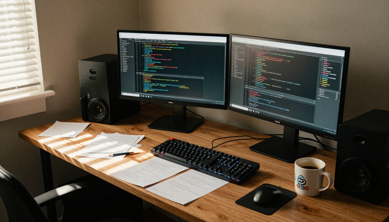 Programmer's cluttered home office desk with dual monitors and coffee at afternoon
