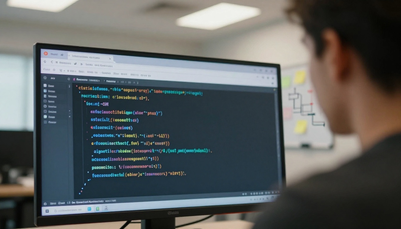 Developer reviewing code on widescreen monitor over-the-shoulder perspective