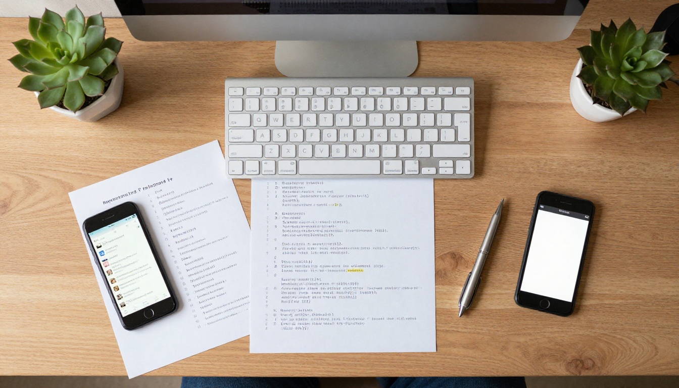 Flat-lay aerial view of developer workspace with keyboard and printed code review documents