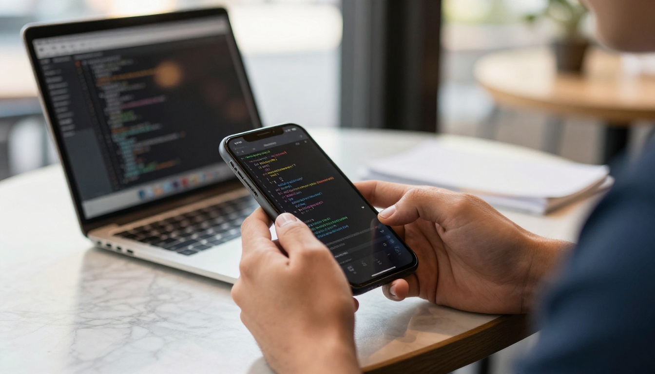 Developer's hands holding smartphone displaying code snippet at a cafe table