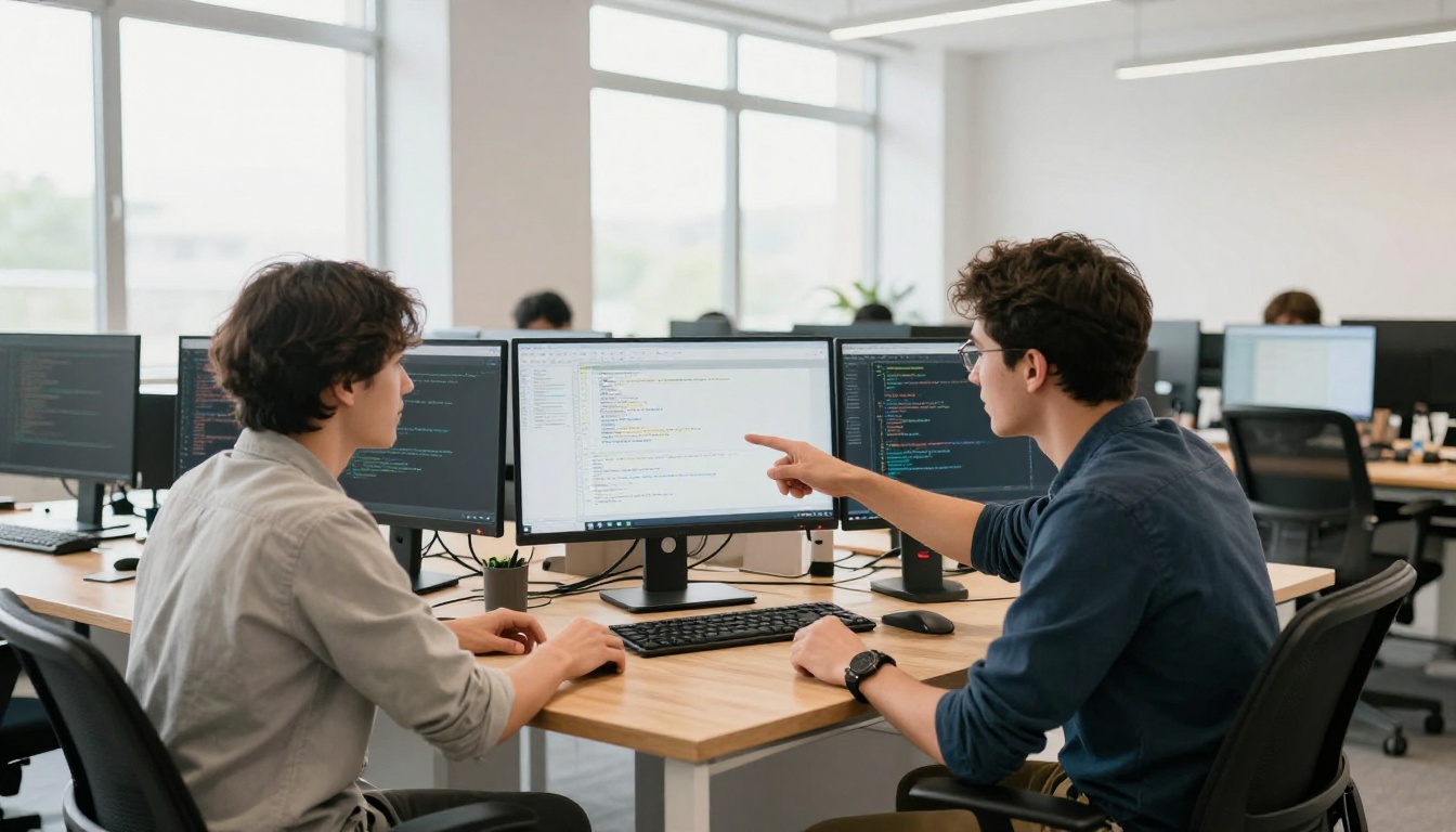 Two developers pair programming at adjacent desks in a bright collaborative workspace