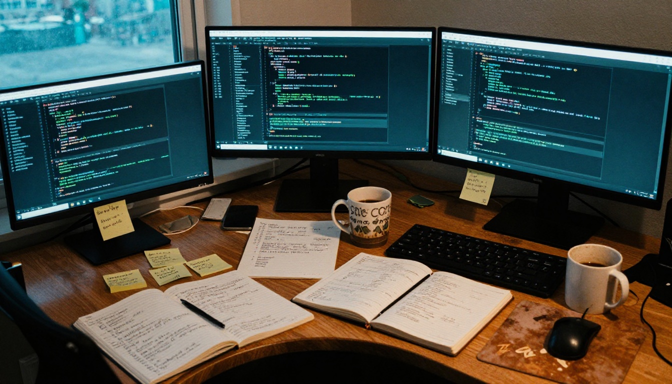 Wide developer workspace with multiple monitors displaying dark-mode code editors