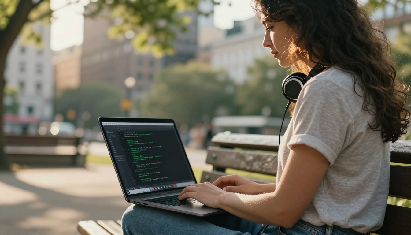 Developer working outdoors in a park with laptop showing code
