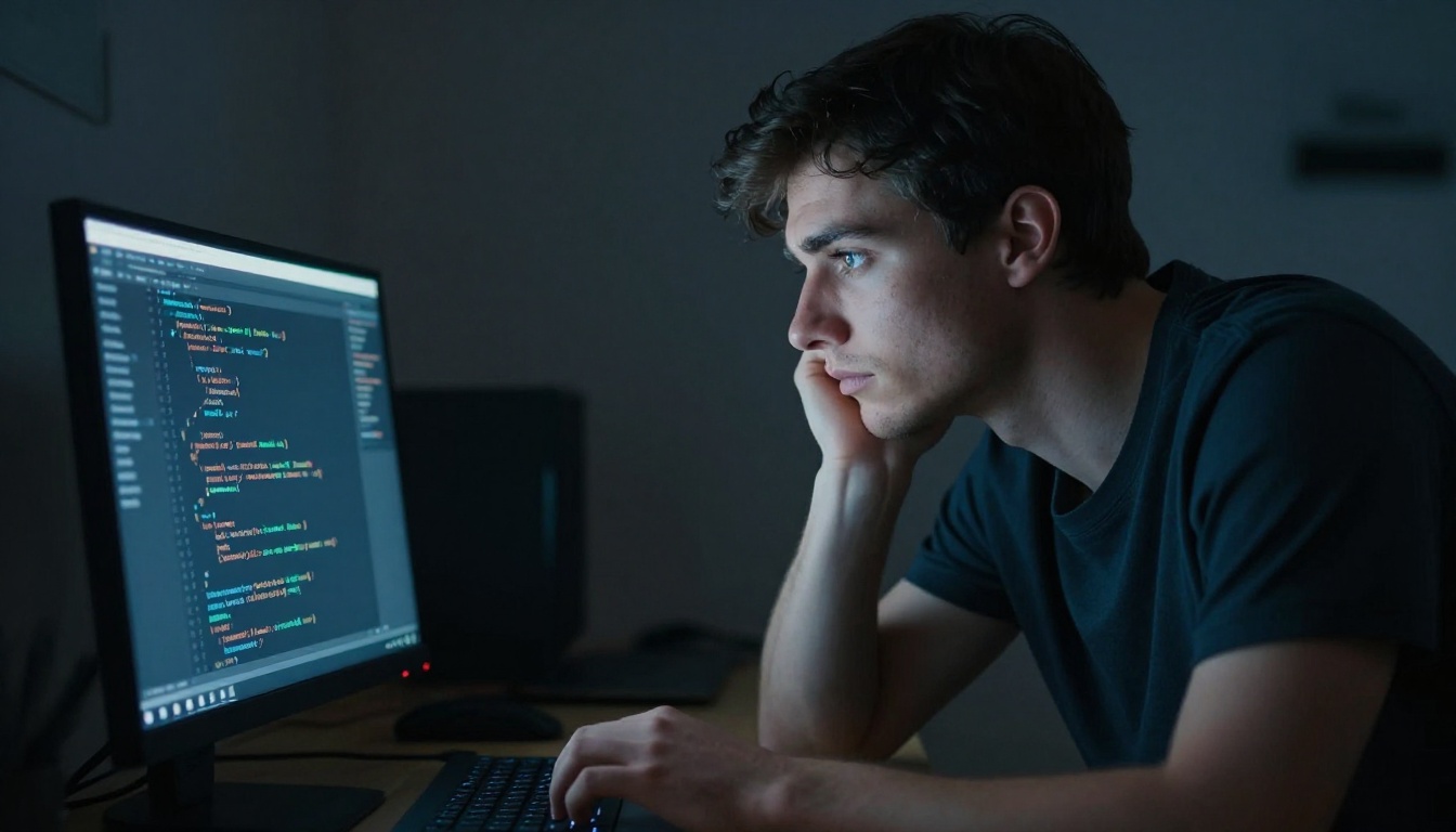 Focused developer leaning toward a glowing terminal screen in a dim office
