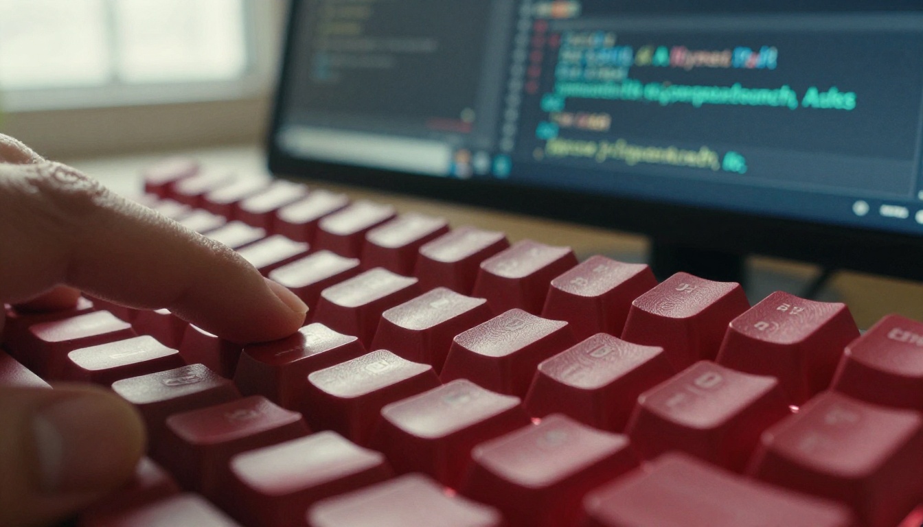 Close-up of mechanical keyboard with AI code suggestions visible on screen