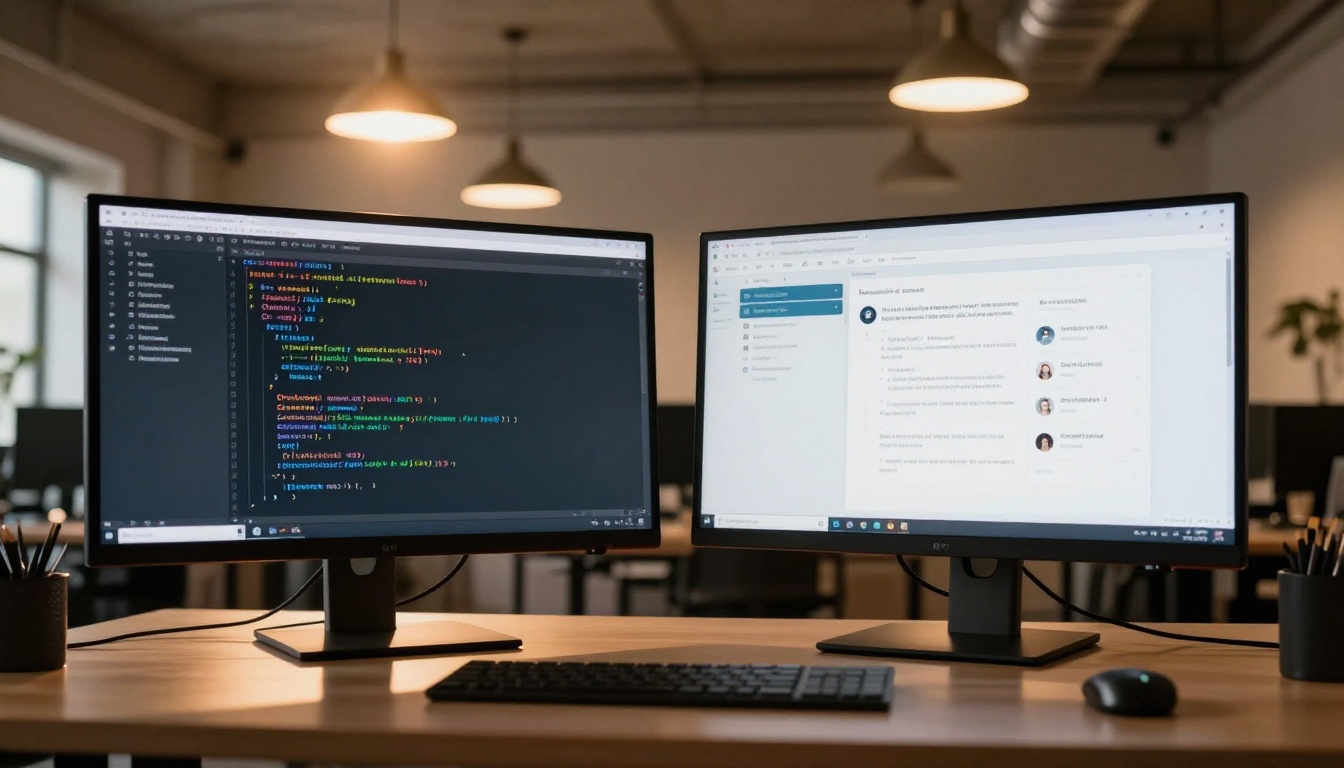Two large screens side by side on a standing desk showing different coding interfaces