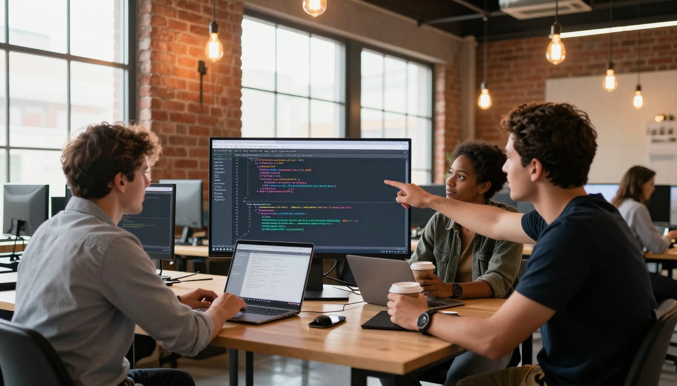 Three software developers collaborating at a standing desk in a modern office