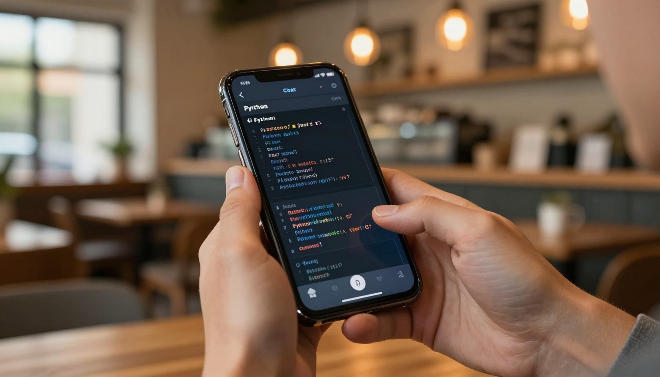 Developer holding smartphone with AI coding assistant chat interface