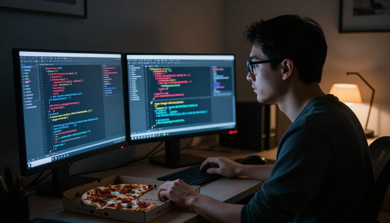Programmer working late at night with dual monitors showing JavaScript errors