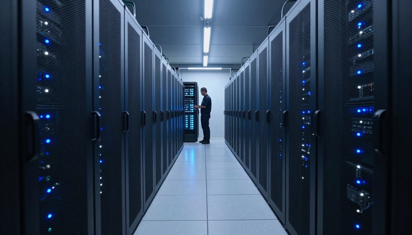 Modern data center corridor with server racks and LED indicator lights