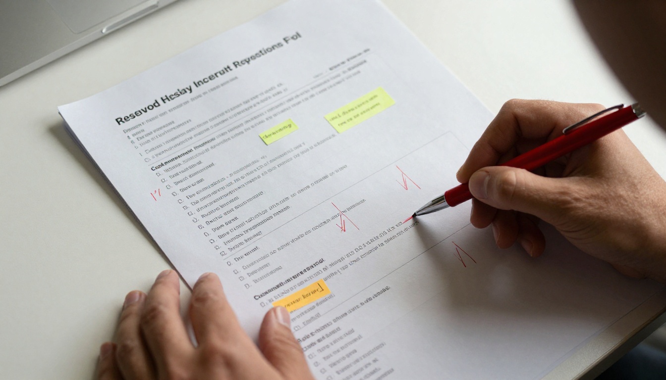 Aerial shot of a printed code review document with red pen annotations