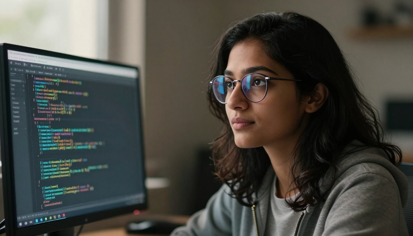 Female developer looking thoughtfully at monitor with code reflected in glasses