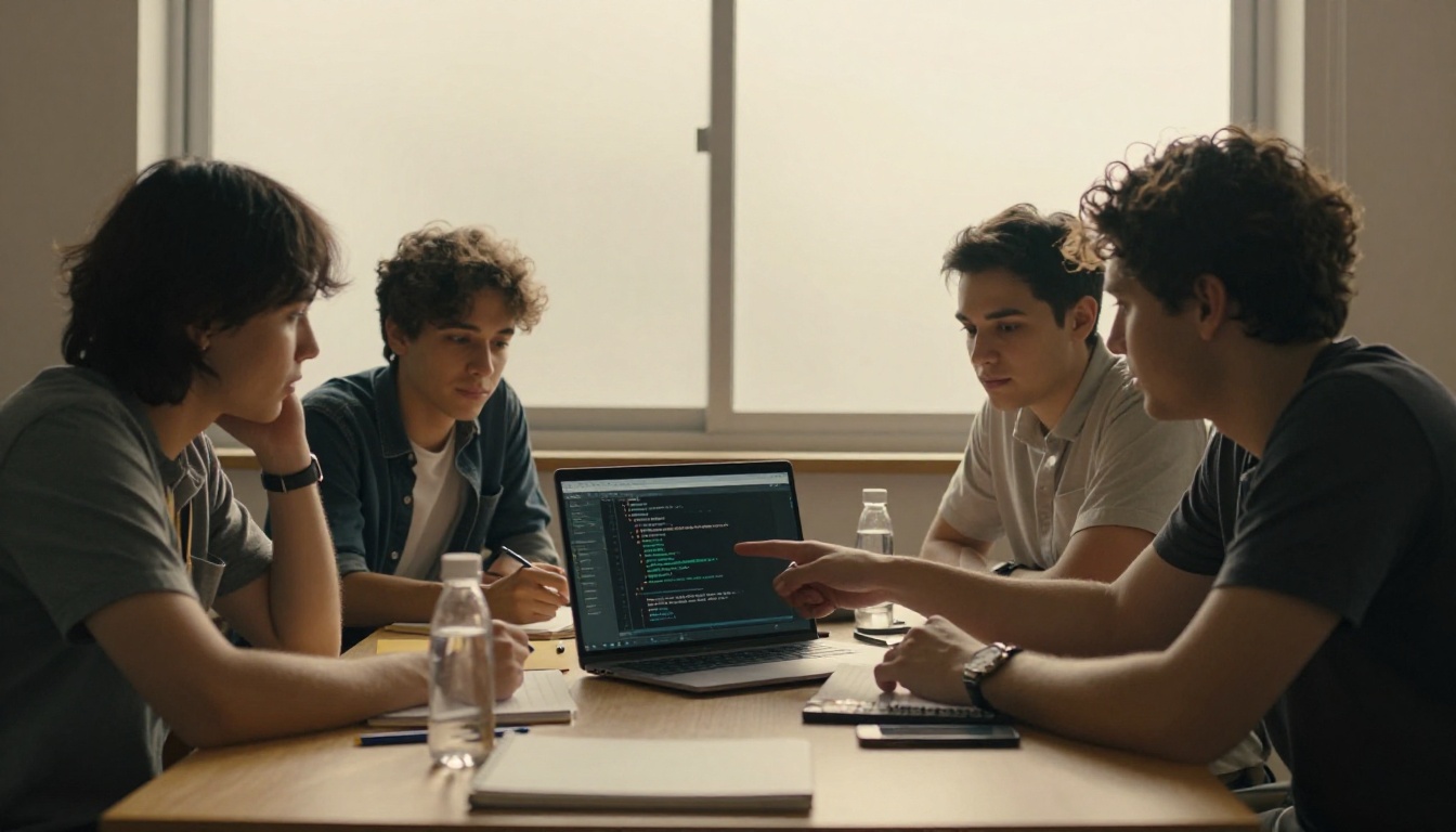 Three software developers around a meeting table reviewing a code diff on a laptop