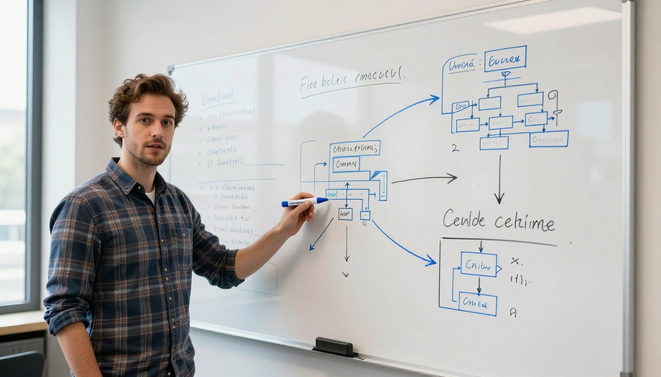 Developer standing at a whiteboard with system architecture diagrams and pseudocode