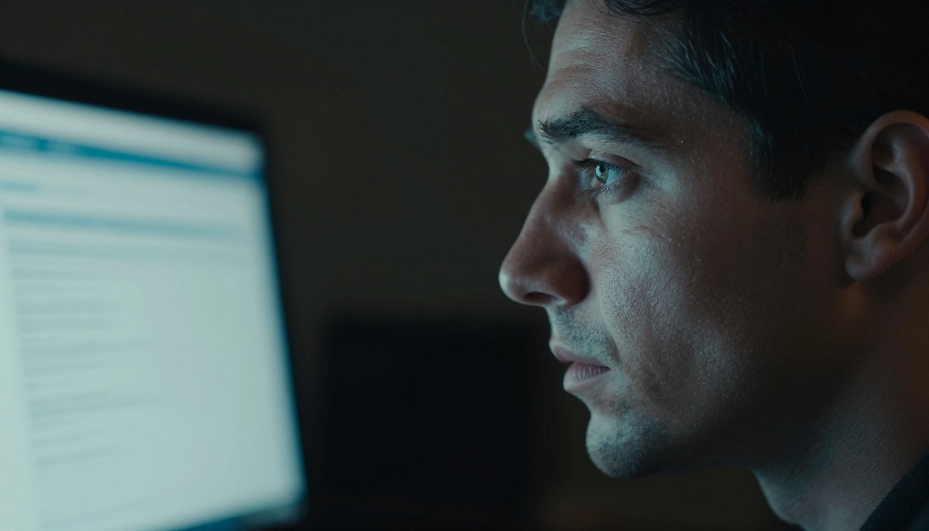 Developer seen in sharp profile, face lit by a cool blue terminal glow in a dark room