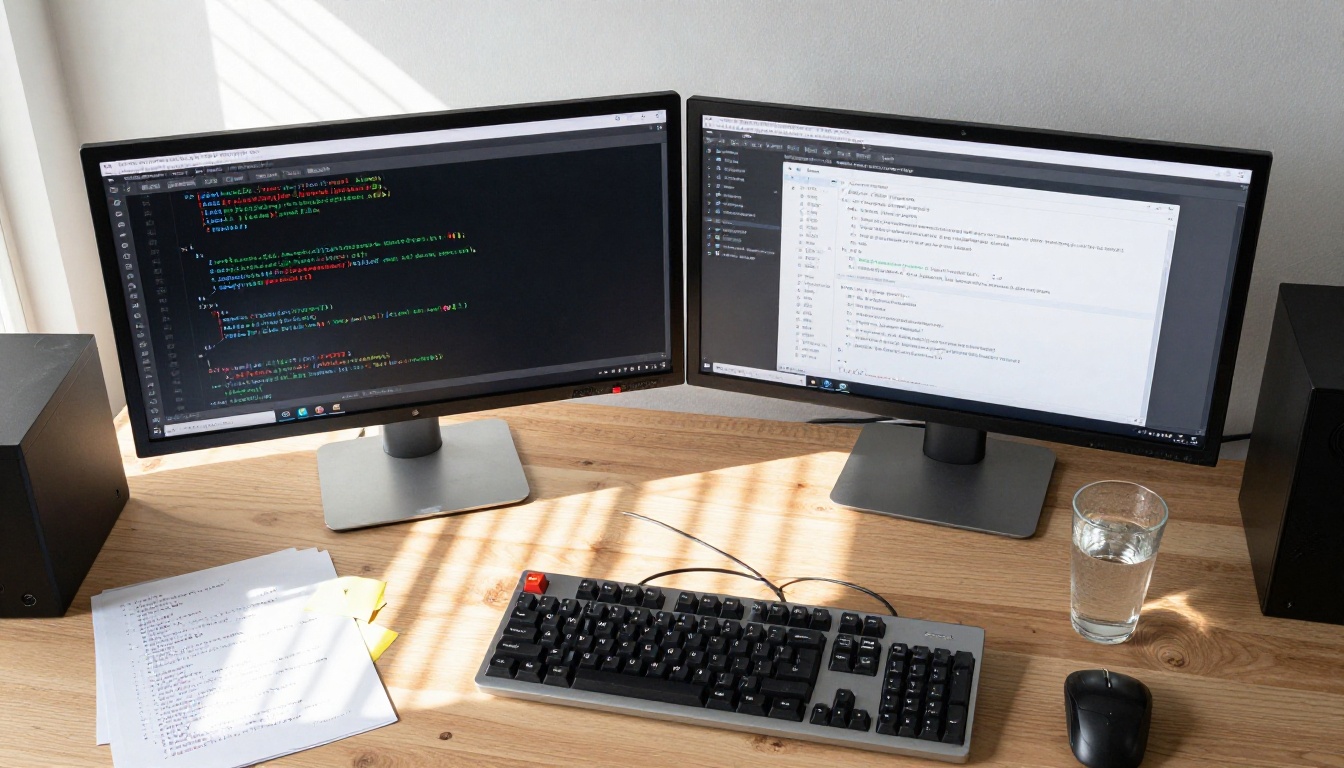 Developer's dual monitor desk setup with GitHub diff and test output visible