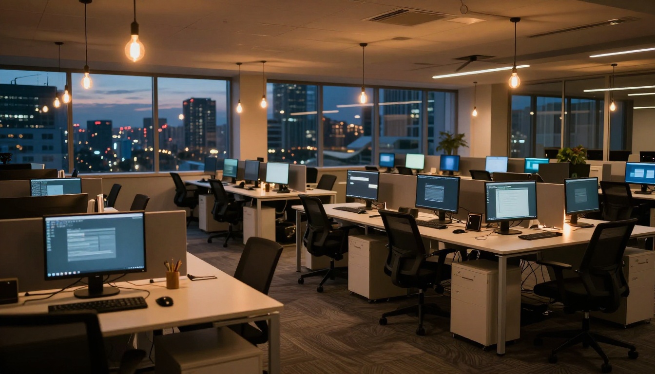 Empty modern developer office at dusk, monitors in sleep mode, city lights through windows