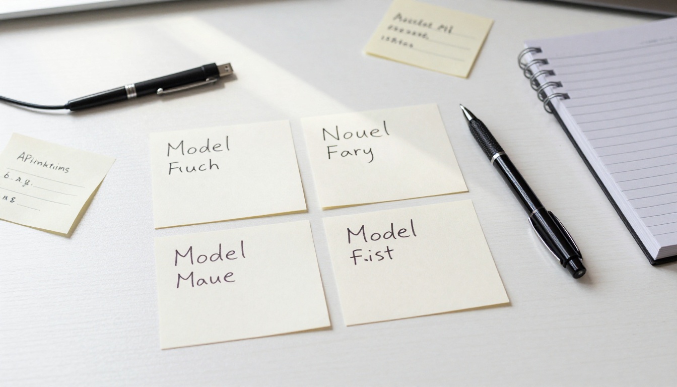 Model lineup research desk with index cards and notebook
