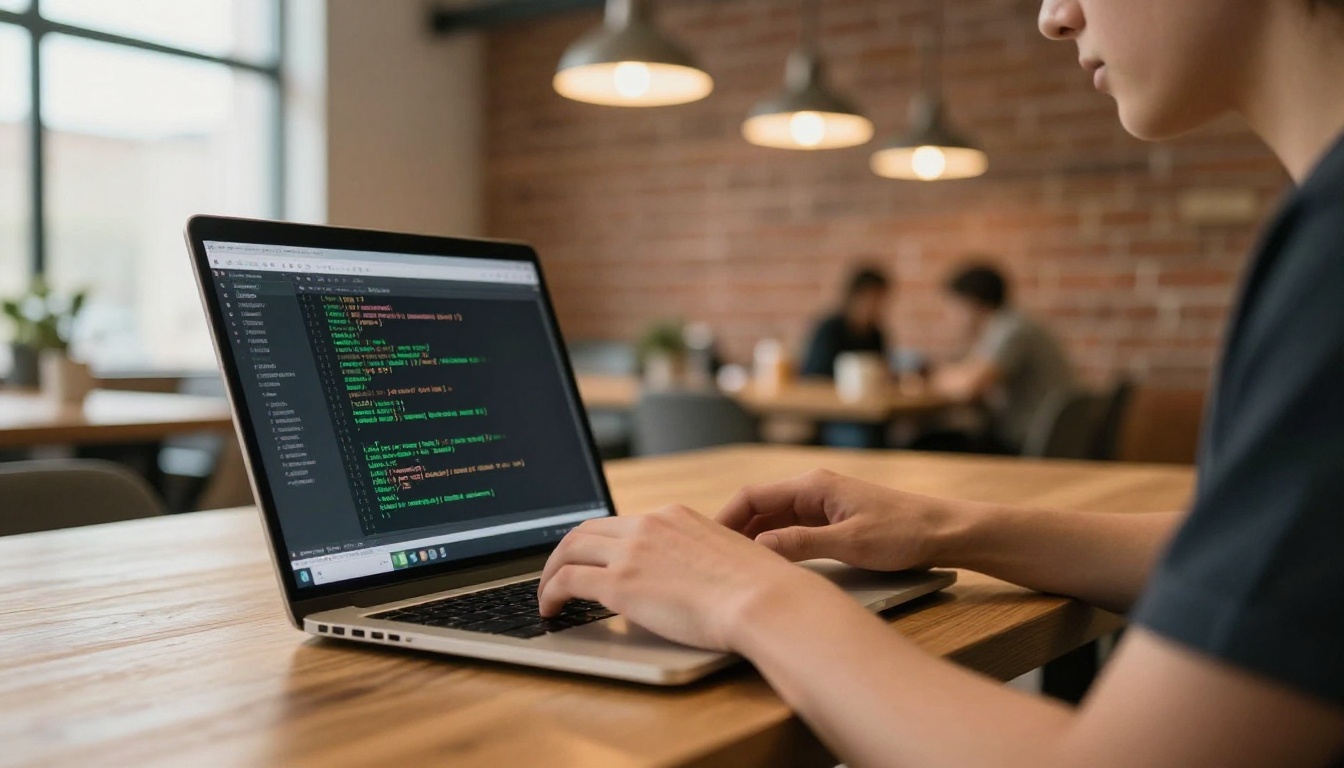 Developer hands typing code at a laptop in a coworking space