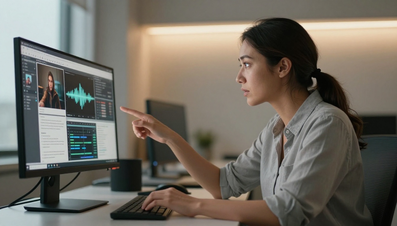 Woman developer analyzing multimodal content on large monitor