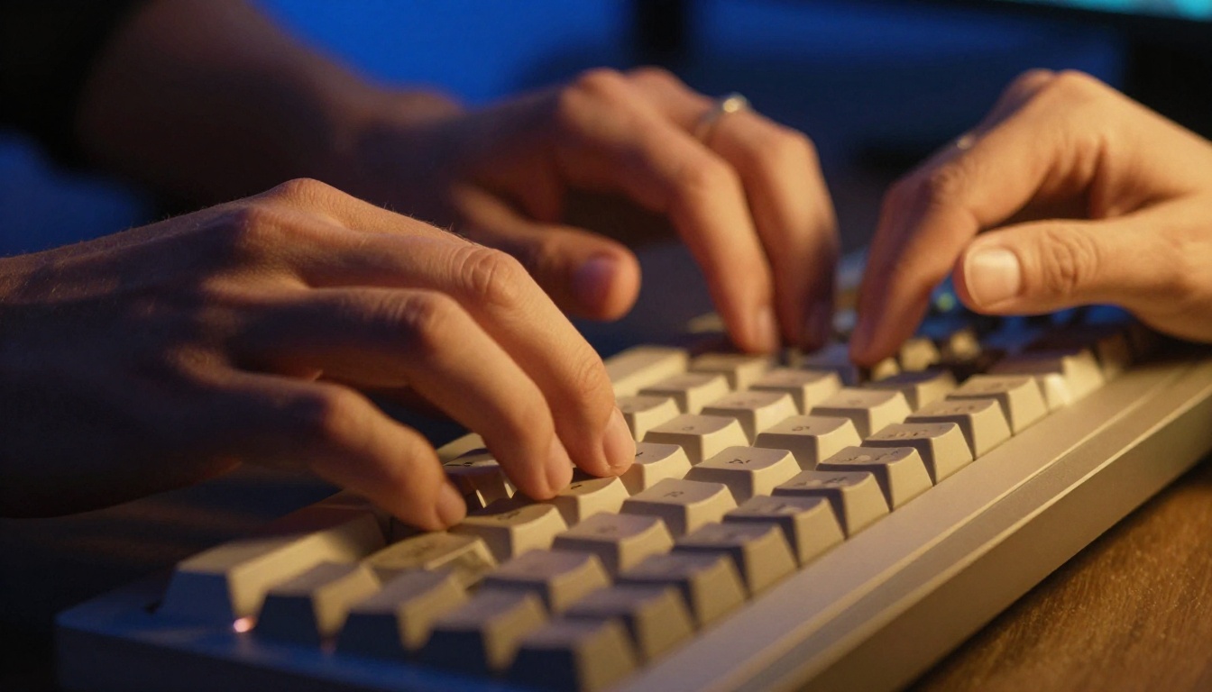Developer hands typing rapidly on mechanical keyboard with warm amber side lighting