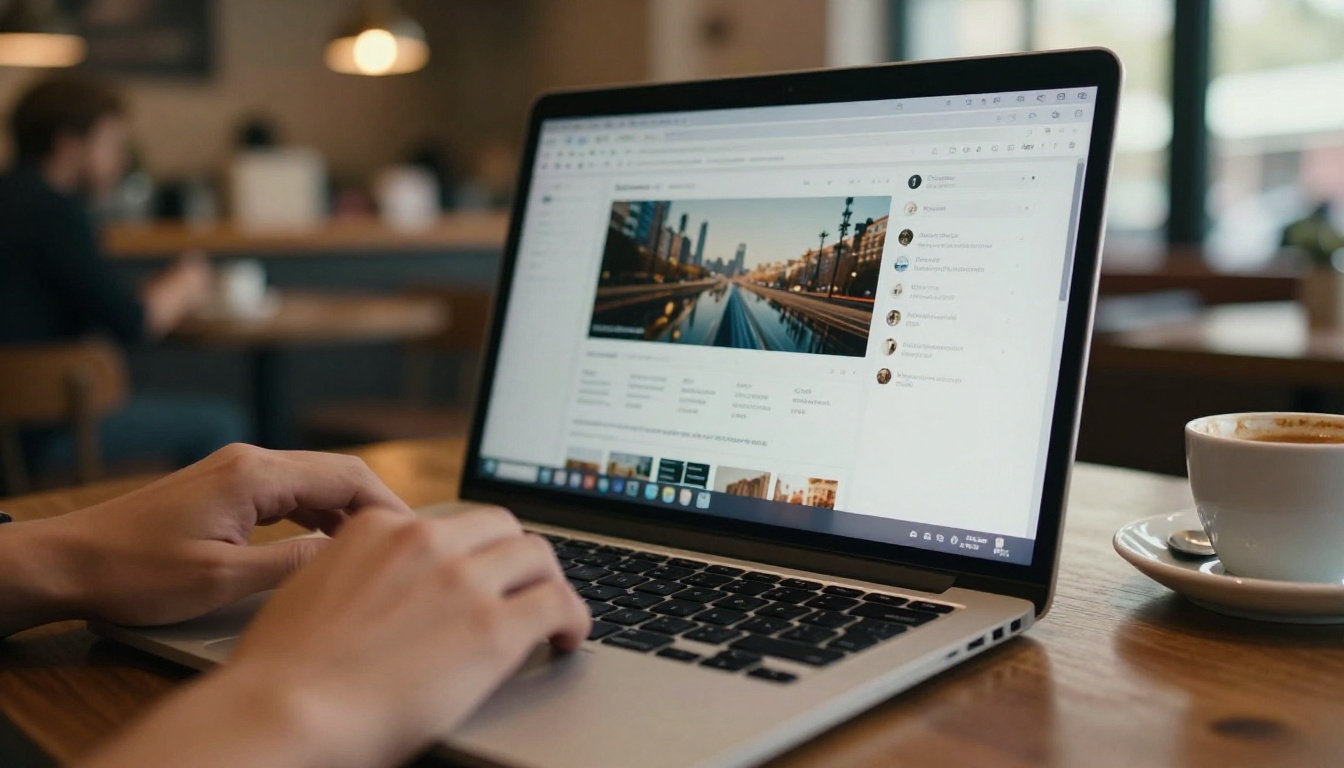 Developer working with laptop open in café researching multiple browser tabs