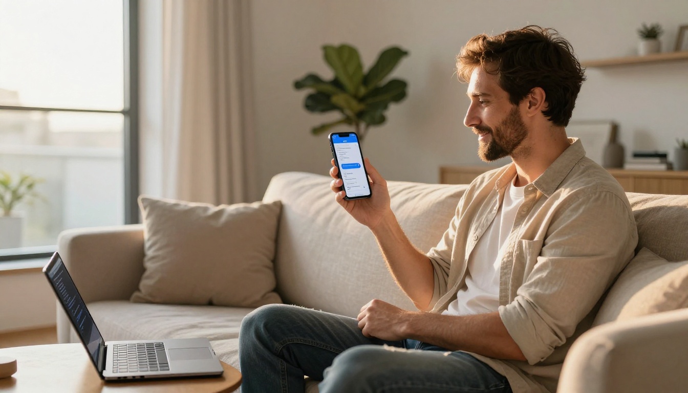 Developer testing AI chatbot app on mobile phone on sofa