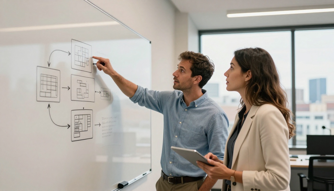 Two developers collaborating at whiteboard with architectural diagram in tech office