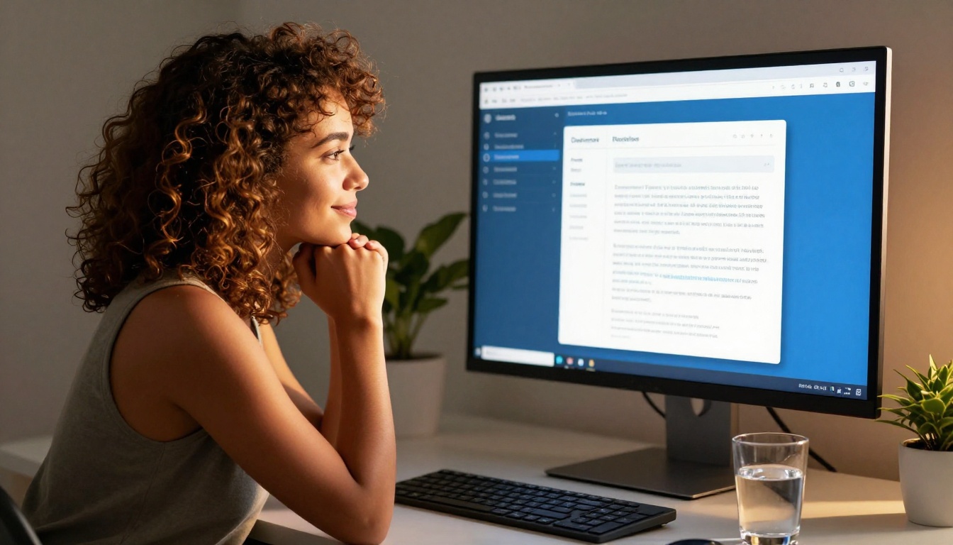 Young woman developer using AI platform with satisfied expression at her desk
