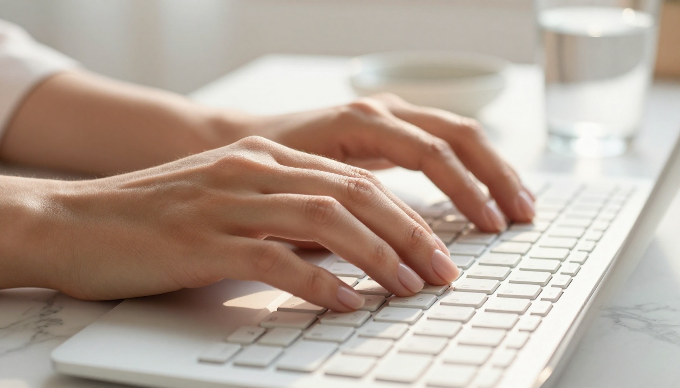 Close-up of elegant hands typing on white mechanical keyboard in warm morning light