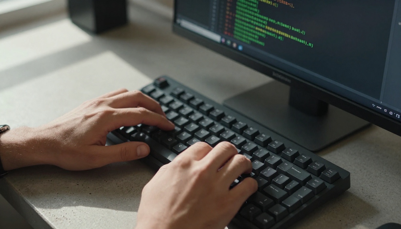 Developer hands typing on a mechanical keyboard with terminal code streaming on the monitor in the background