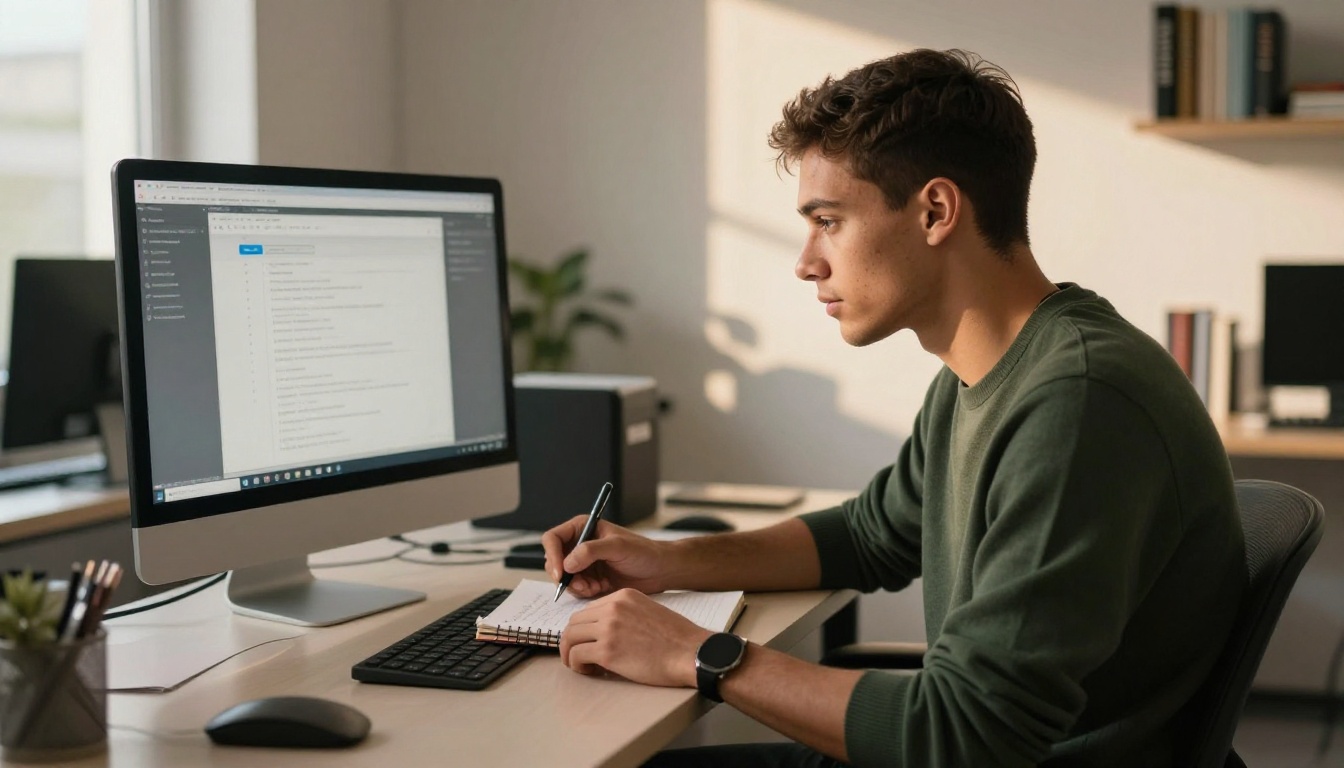 Focused professional researching at desk and taking notes