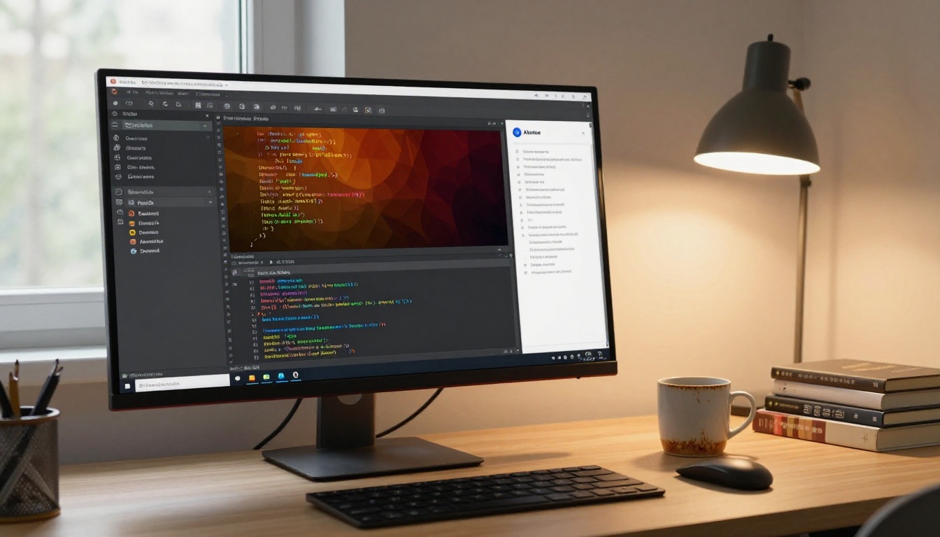 Developer reviewing a split-screen IDE with code diff and AI assistant sidebar on a wide monitor