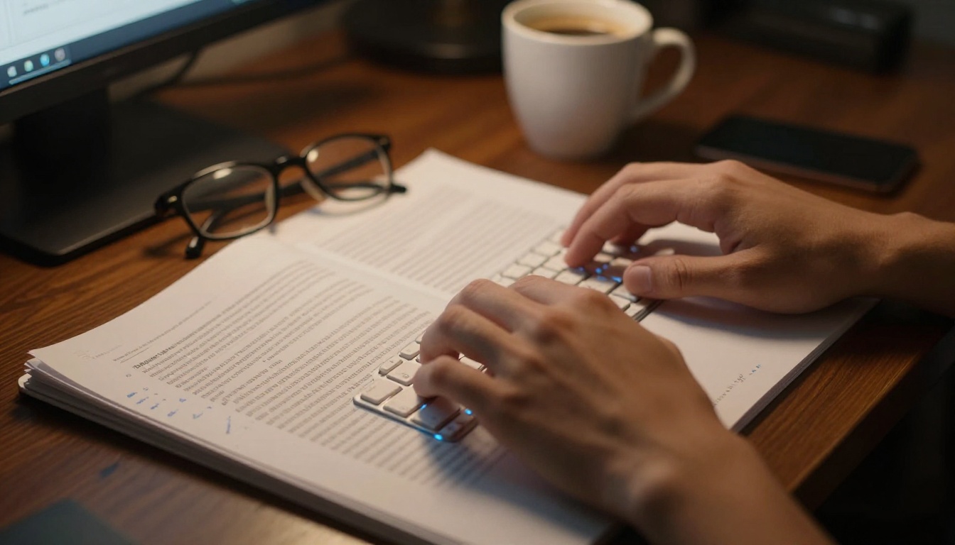 A researcher typing with academic papers and espresso on a dark oak desk, close-up macro shot with warm tungsten light