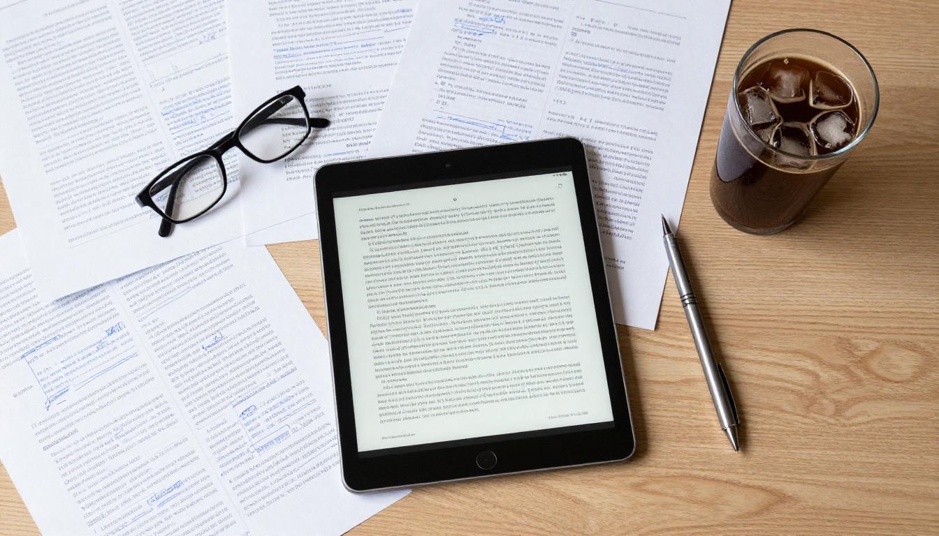 Flat lay of printed documents, tablet and handwritten annotations on desk