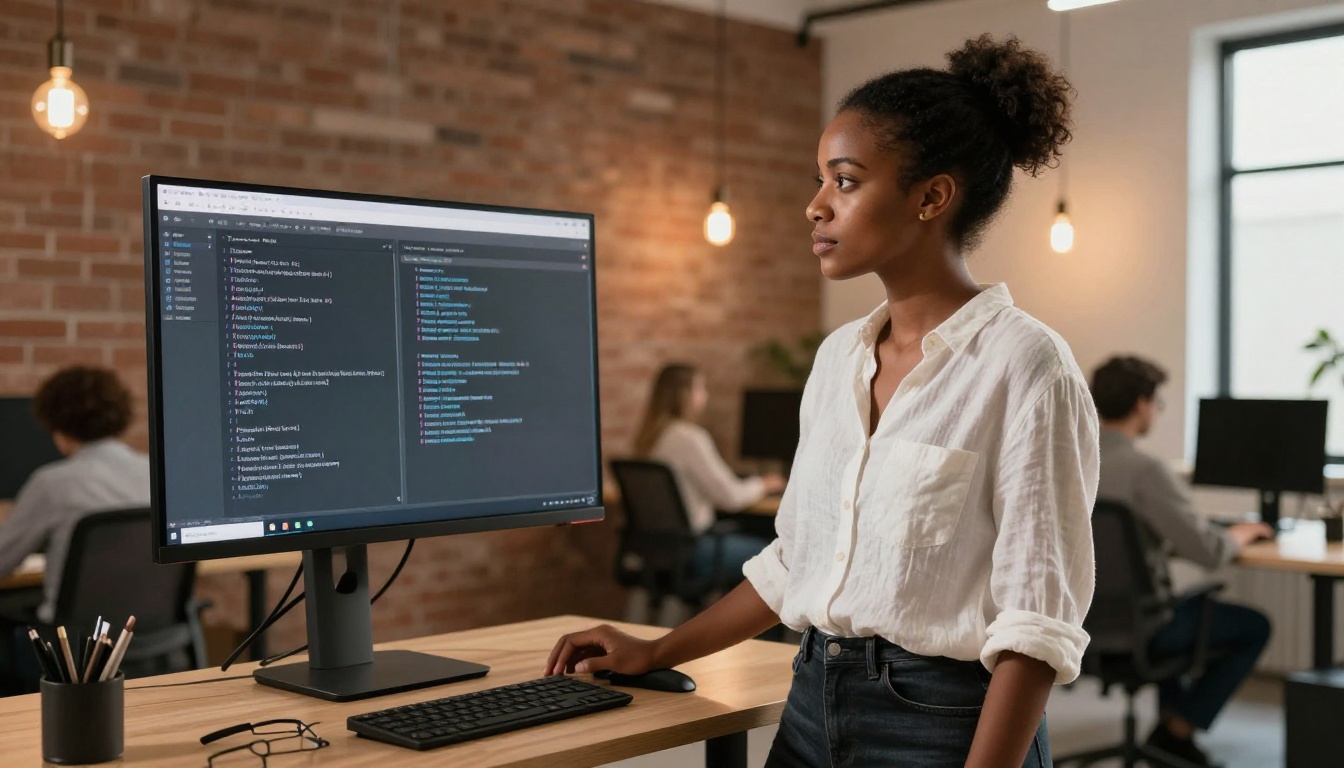 Developer standing at a height-adjustable desk reviewing two AI tool outputs side by side on a large monitor