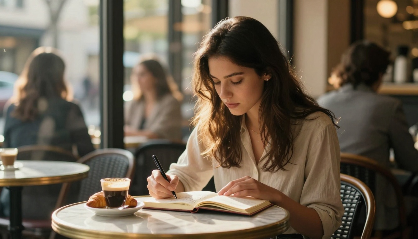A woman writing in a notebook at a café with golden afternoon light, Canon 85mm bokeh