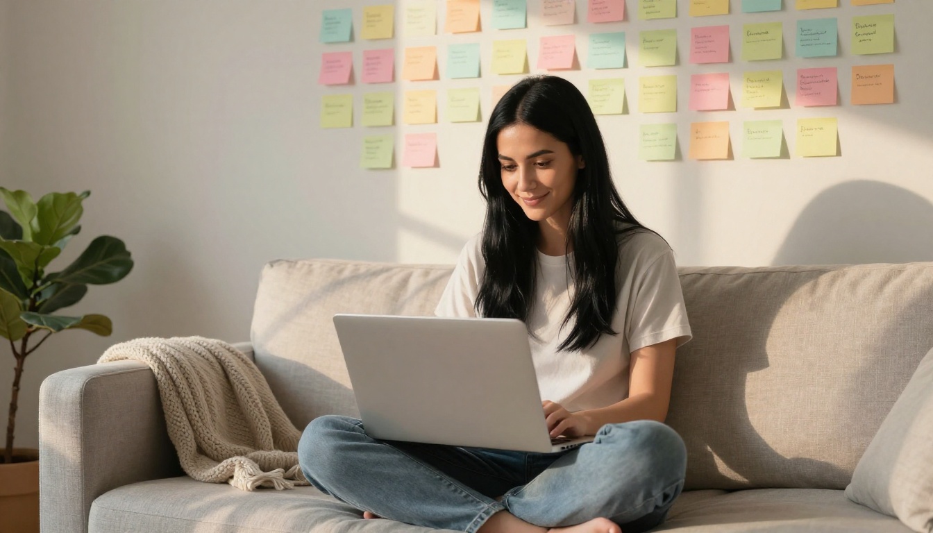 Woman brainstorming with pastel sticky notes on laptop while sitting on couch