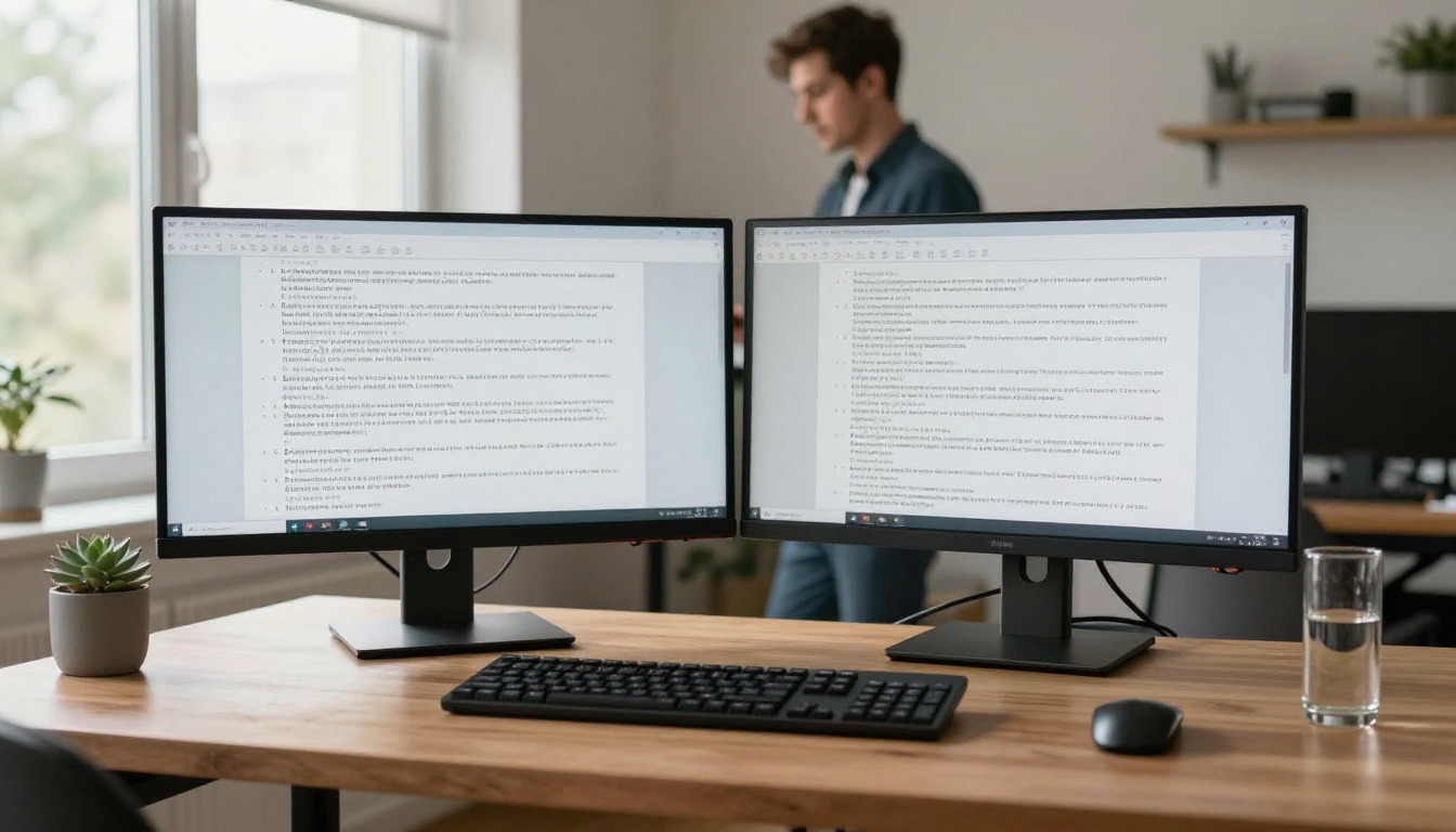 Two ultrawide monitors on a standing desk showing text interfaces, professional man working in a modern home office