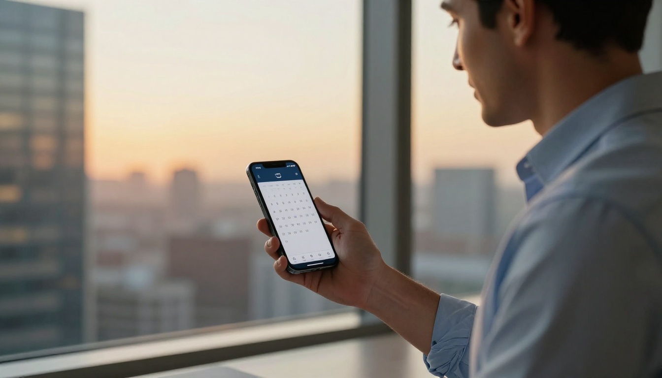 Man holding smartphone showing calendar app standing next to floor-to-ceiling office window at golden hour
