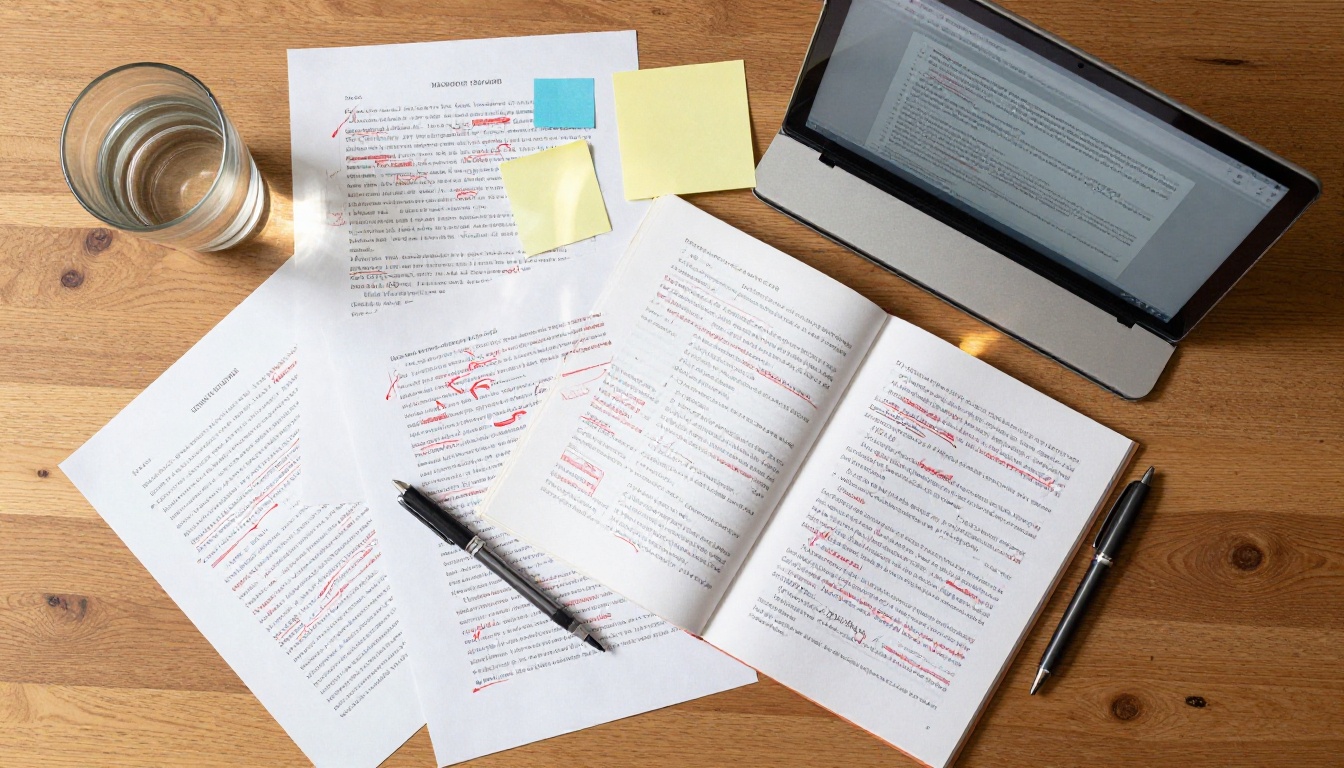 Overhead flat-lay of manuscript pages with red editing marks, fountain pen, sticky notes, and an open laptop