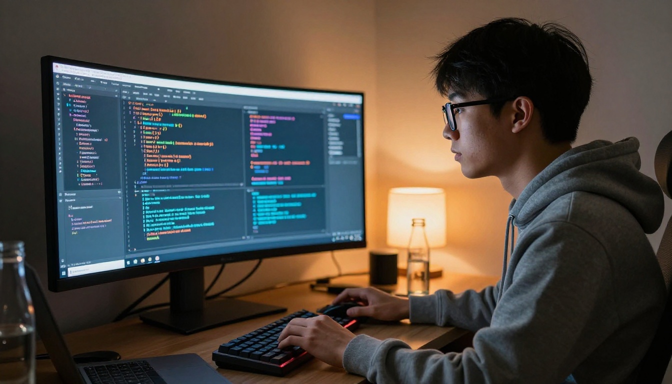 Young developer illuminated by ultrawide monitor glow looking at code in dim room