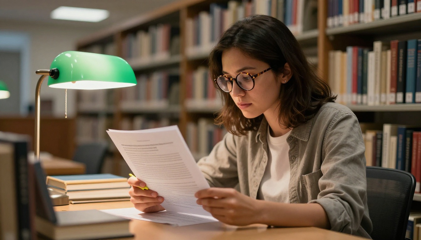 A woman with tortoiseshell glasses reviewing academic papers with a highlighter in a library reading room