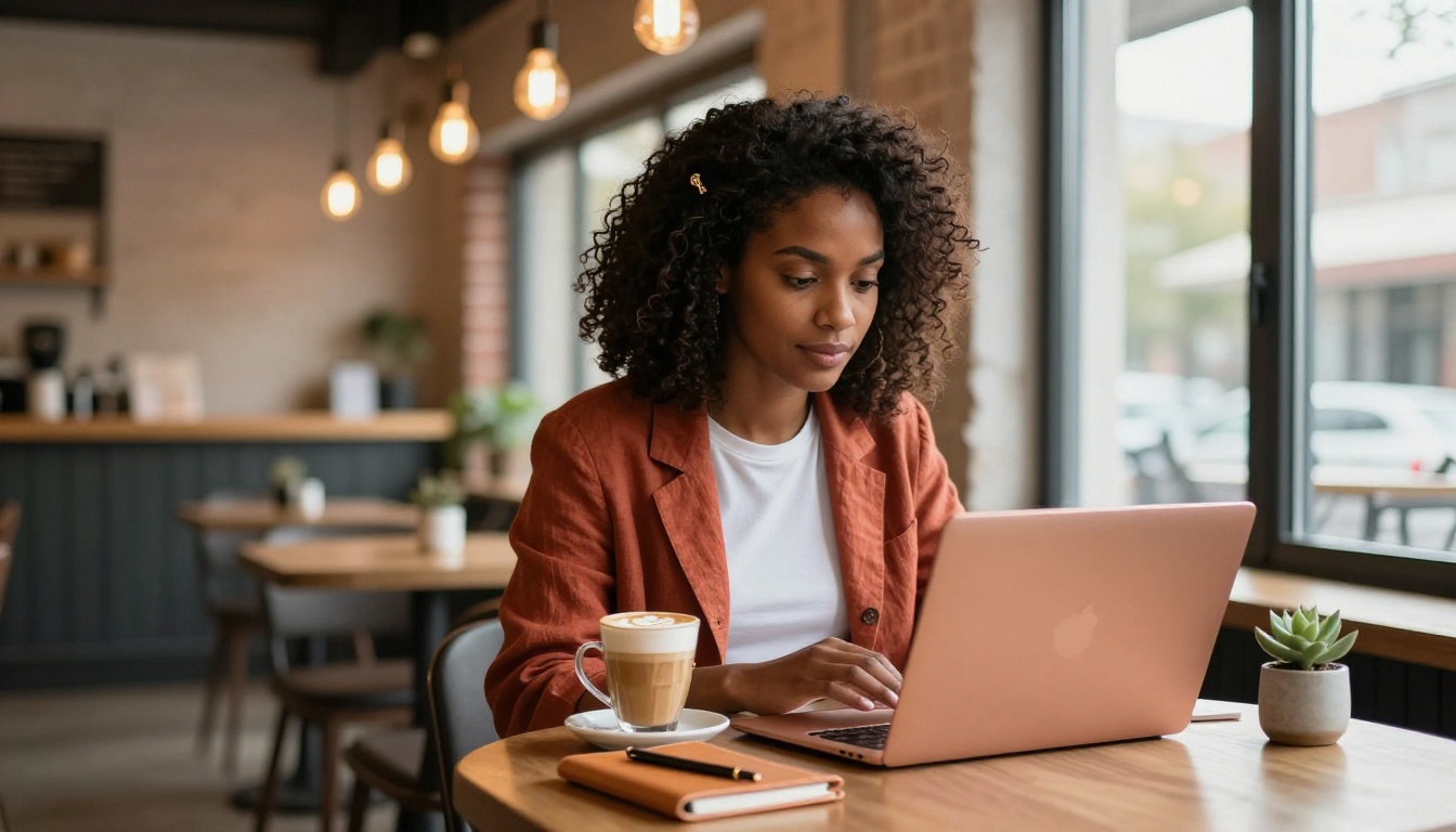Stylish woman working on laptop in warm independent coffee shop with Edison bulbs and brick walls