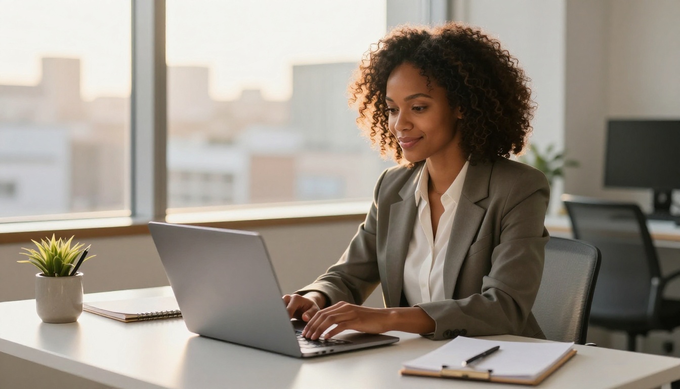 A professional Black woman typing on a MacBook in a bright office with a blurred cityscape behind her in golden-hour light