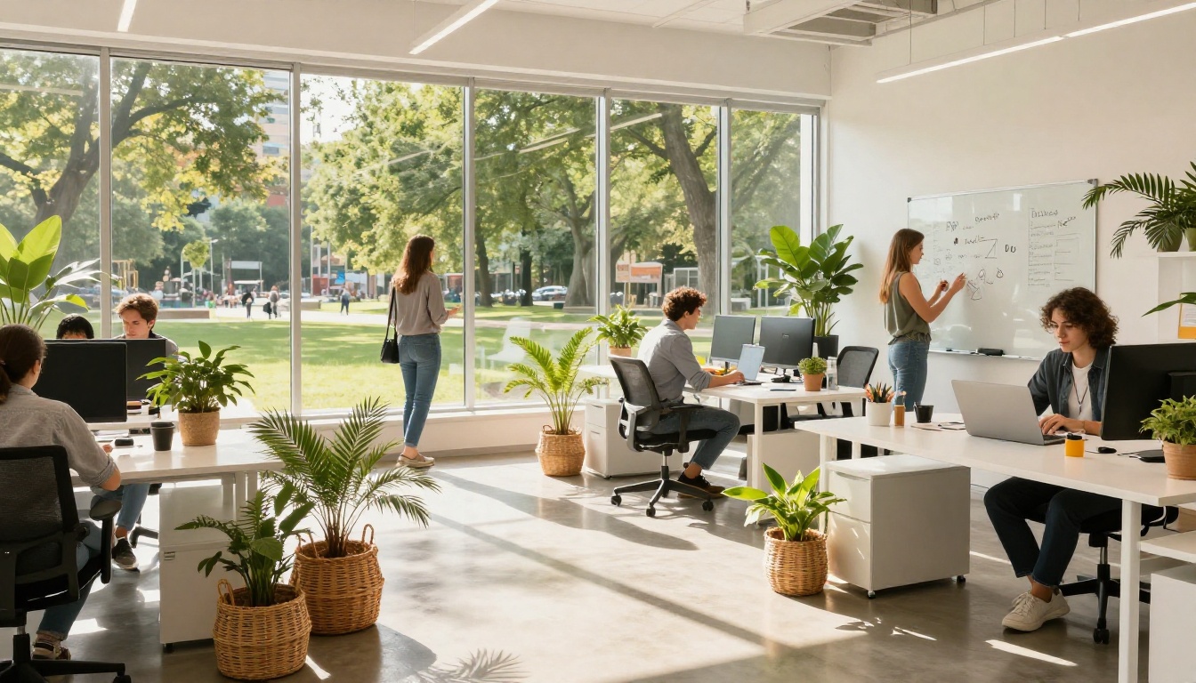 Bright modern open-plan workspace with professionals near large windows overlooking a green city park